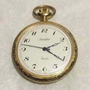 Very nice men's Arcadia Swiss Made quartz pocket watch w/ train on the back